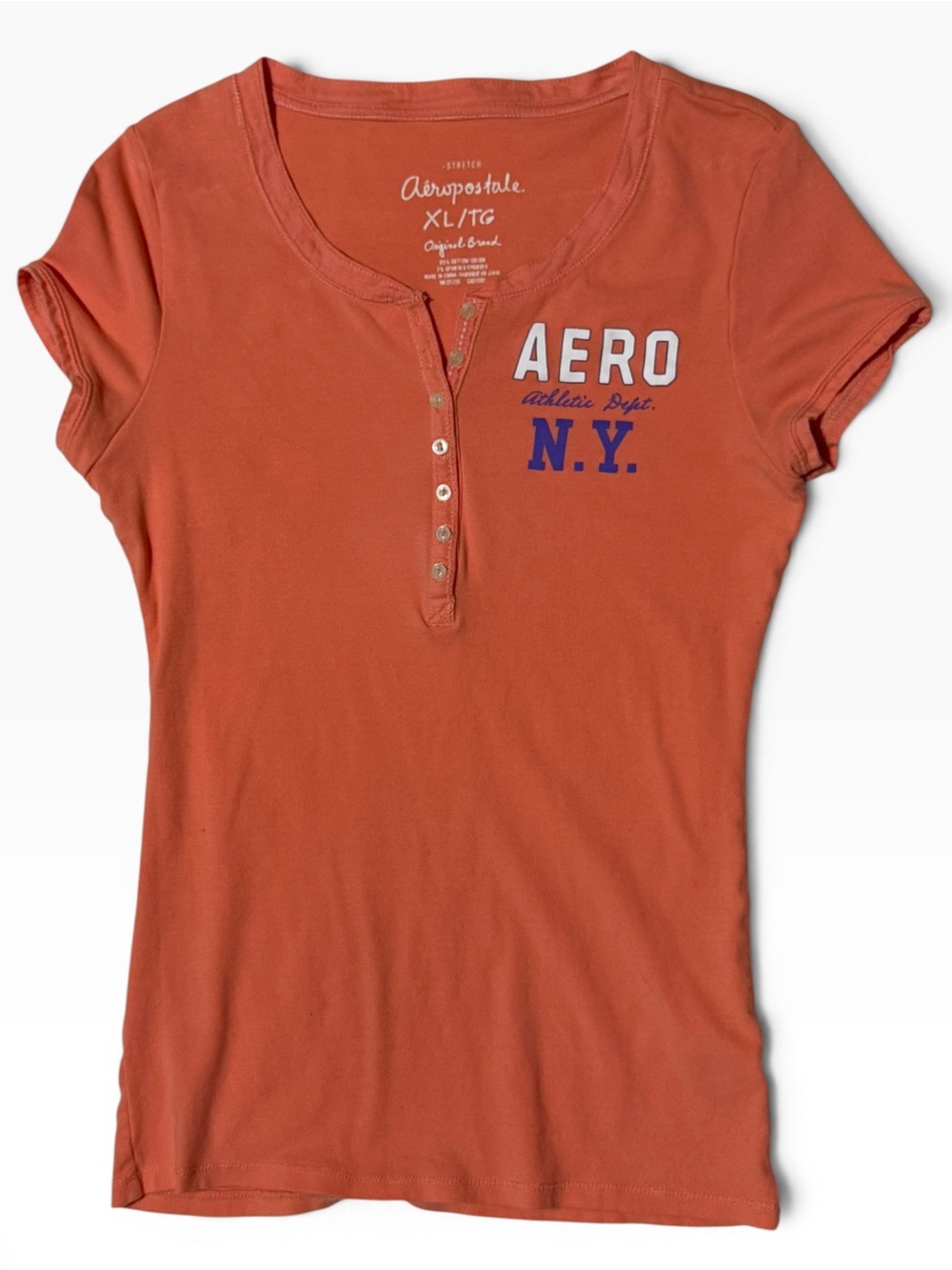 Aeropostale Y2K Coral Orange AERO NY Stretch Henley Tee XL